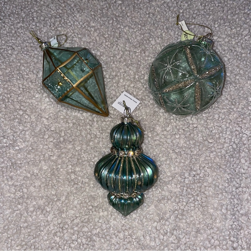 Set of 3 sage green/gold glass ornaments